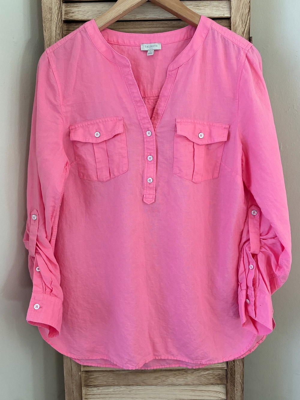 Talbots Pink Feminine Linen Blend Roll Tab Sleeve Button Front Tunic Top  M